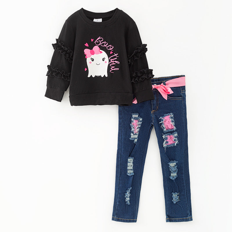 （In Stock）Girls Halloween Ghost Print Ripped Jeans Set