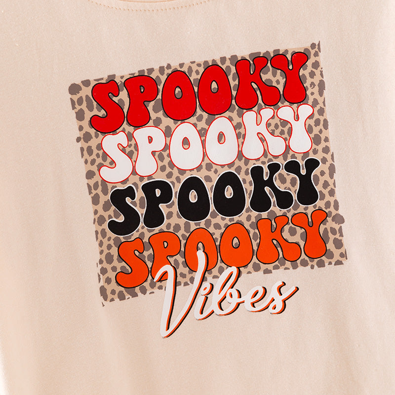 （In Stock）Girls Halloween Spooky Vibes Print Cream Cotton Top