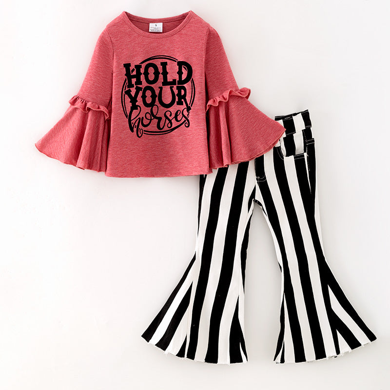 （In Stock）Girls Fall&Winter Hold Your Horse Print Denim Set