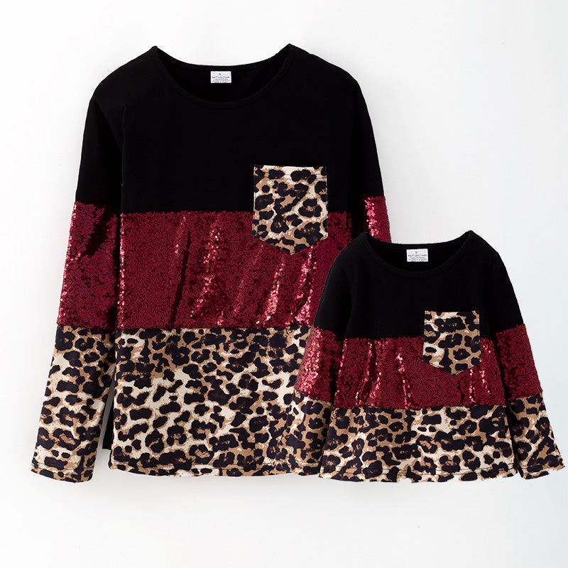 （In Stock）Mommy and Me Fall Leopard Print Sequin Long Sleeves Top