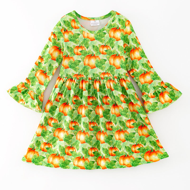 （In Stock）Girls Fall Pumpkin Print Lace Sleeves Dress