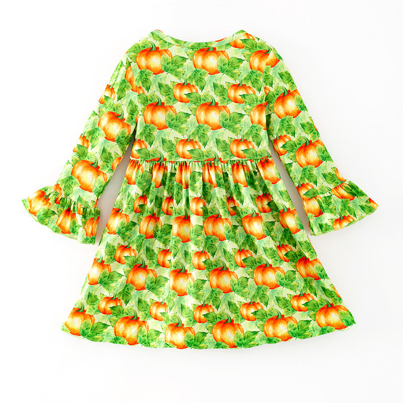 （In Stock）Girls Fall Pumpkin Print Lace Sleeves Dress