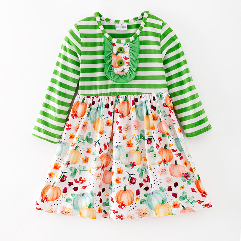 （In Stock）Girls Fall Pumpkin Print Stripe Dress