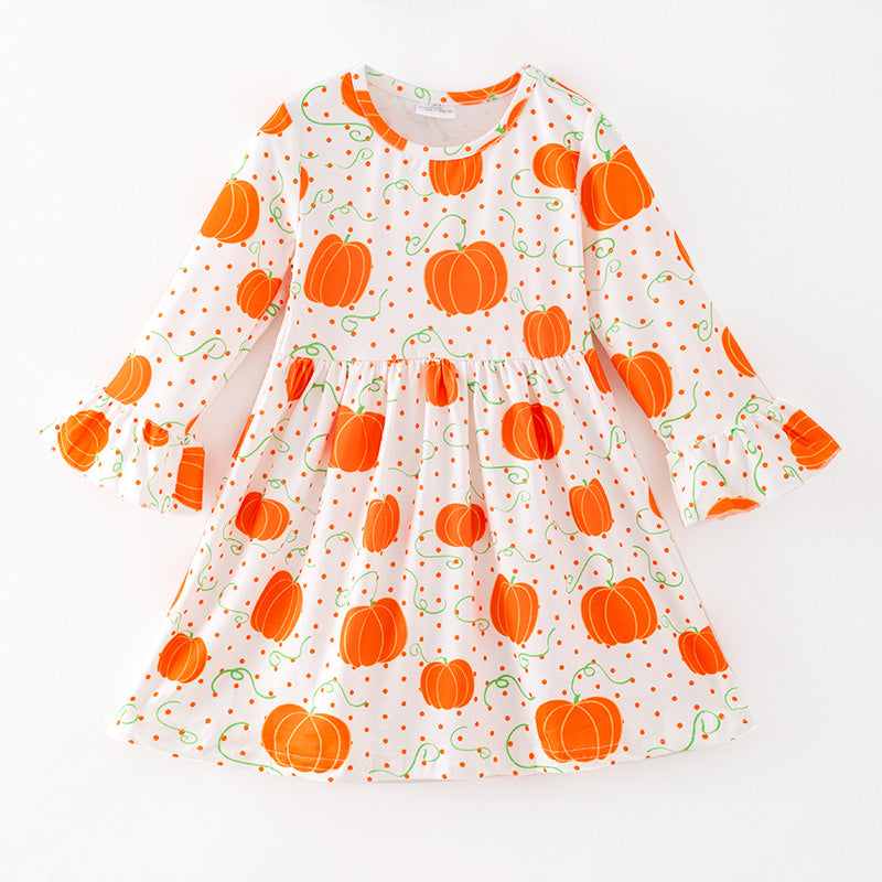 （In Stock）Girls Fall Pumpkin Print Lace Sleeves Dress