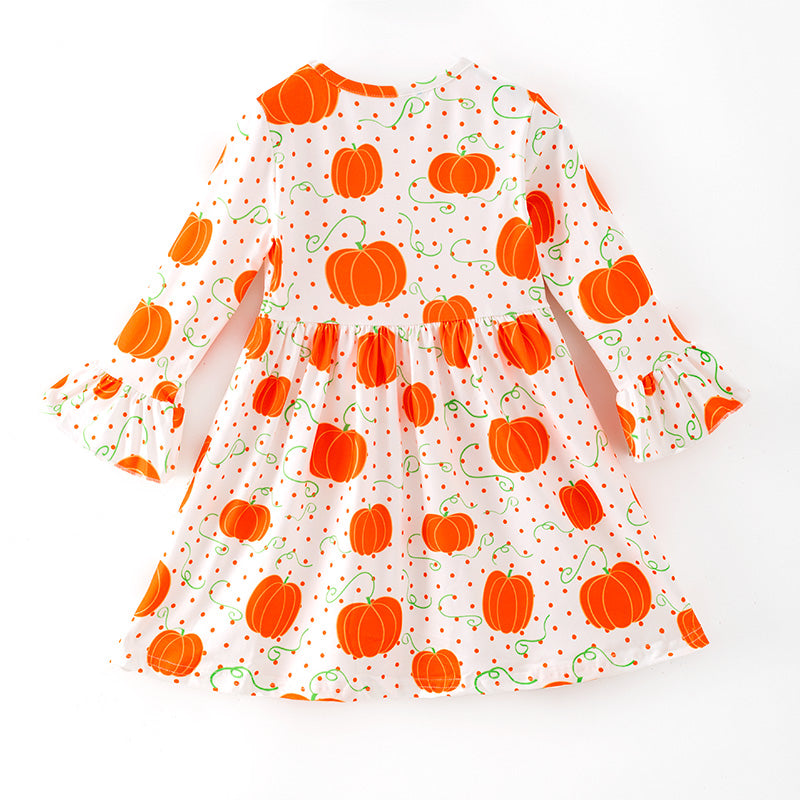 （In Stock）Girls Fall Pumpkin Print Lace Sleeves Dress