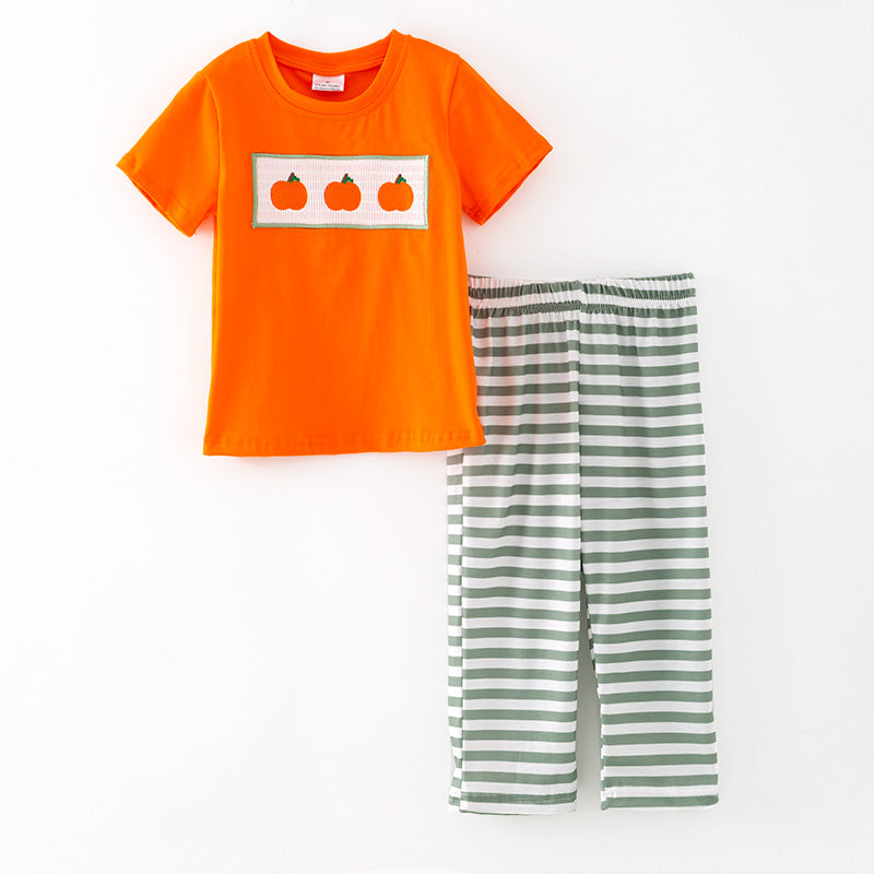 （In Stock）Boys Fall Pumpkin Embroidery Smocked Outfit Set