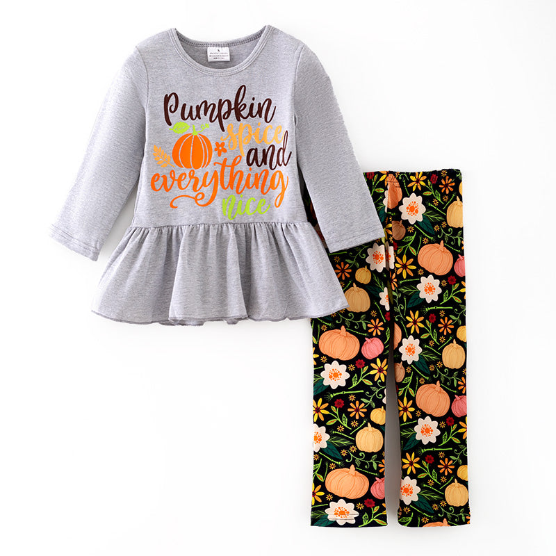 （In Stock）Girls Fall Pumpkin Print Grey Cotton Top Milk Silk Pants Set