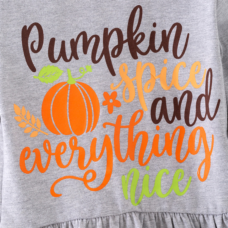 （In Stock）Girls Fall Pumpkin Print Grey Cotton Top Milk Silk Pants Set