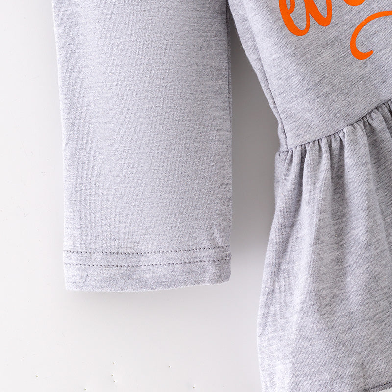 （In Stock）Girls Fall Pumpkin Print Grey Cotton Top Milk Silk Pants Set