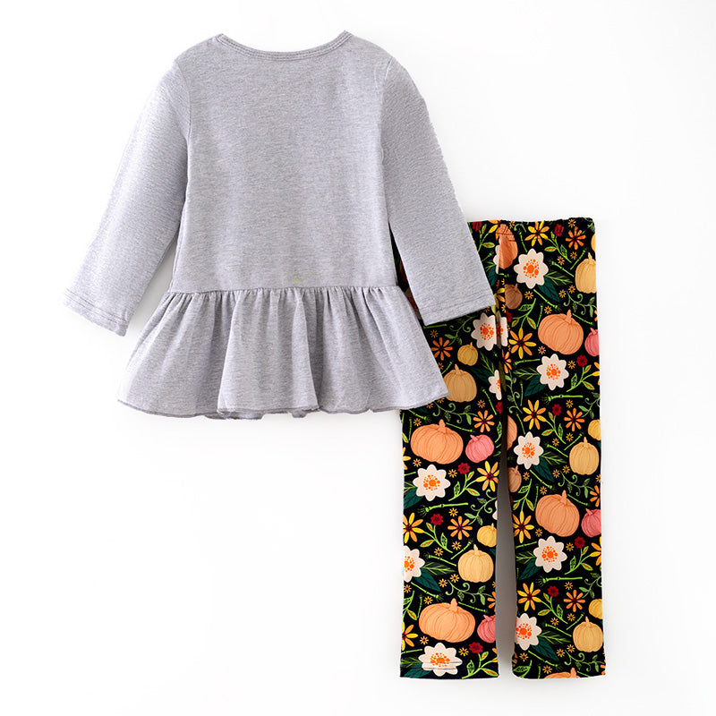 （In Stock）Girls Fall Pumpkin Print Grey Cotton Top Milk Silk Pants Set