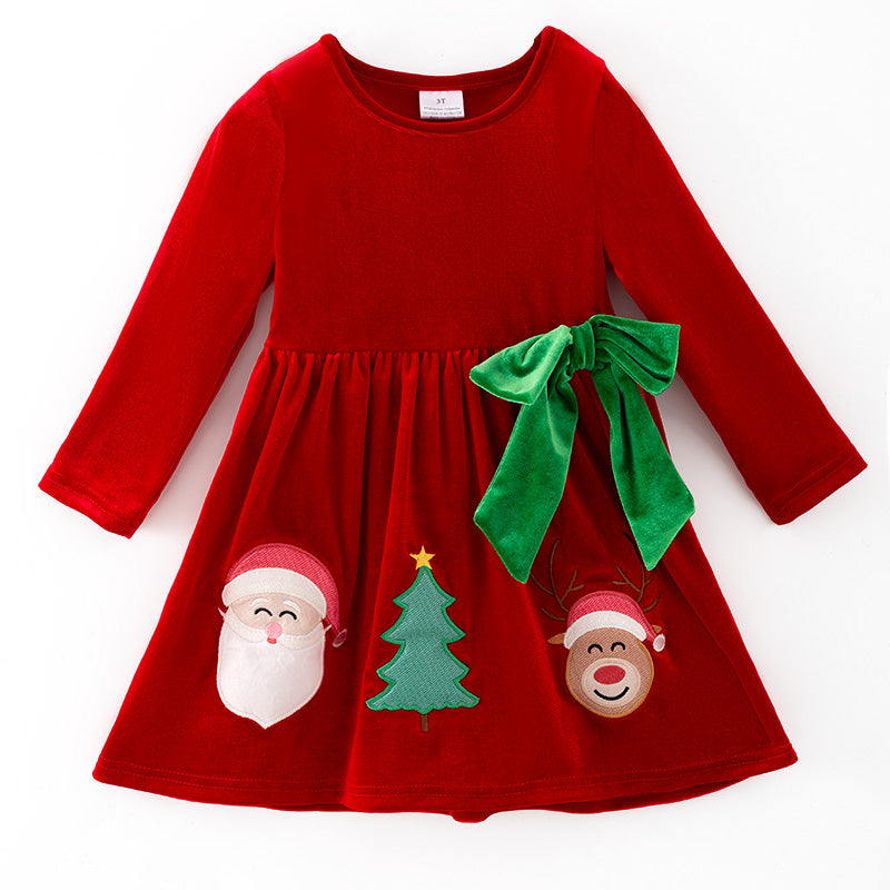 （In Stock）Girls Christmas Applique Red Velvet Dress