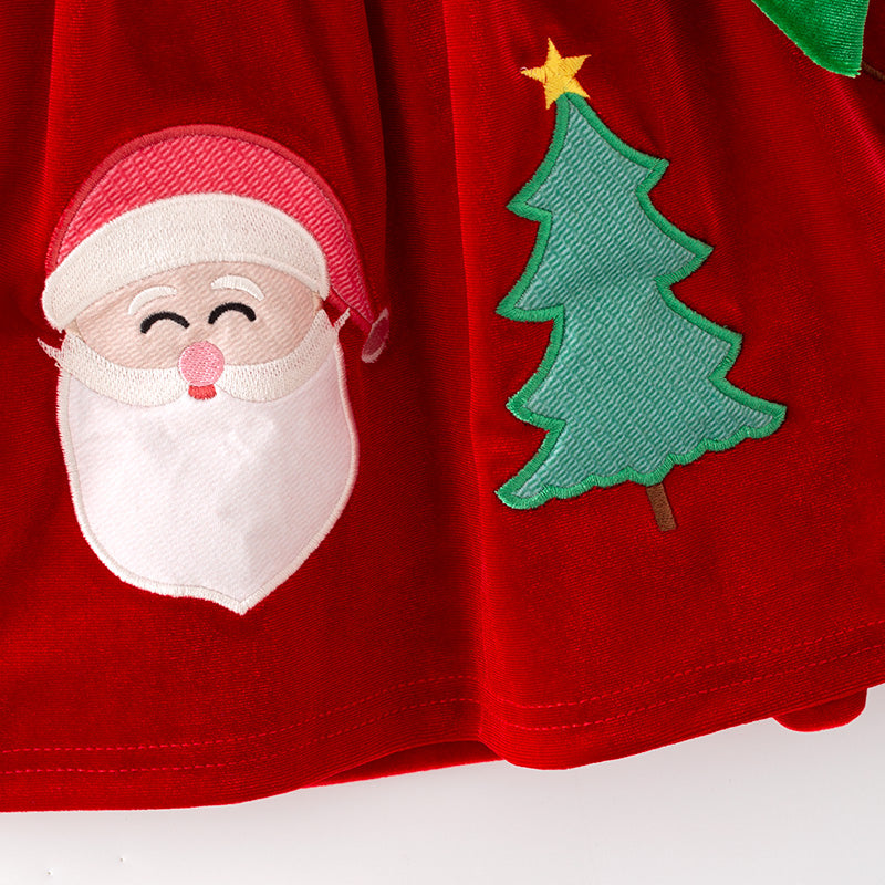 （In Stock）Girls Christmas Applique Red Velvet Dress