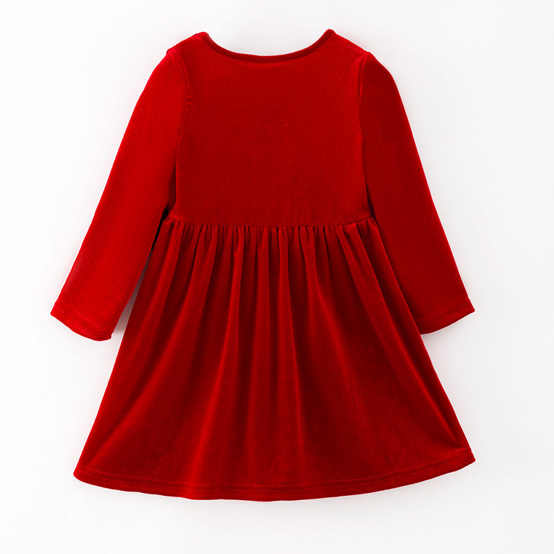 （In Stock）Girls Christmas Applique Red Velvet Dress