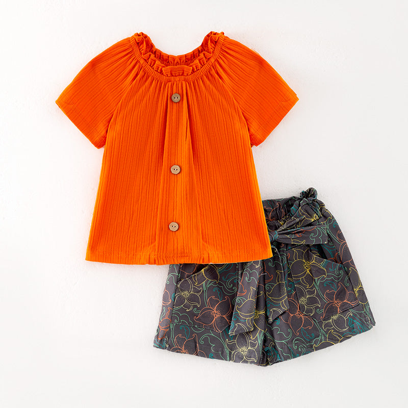 （In Stock）Girls Spring and Summer Orange Rib Fabric Top Knotted Shorts Set