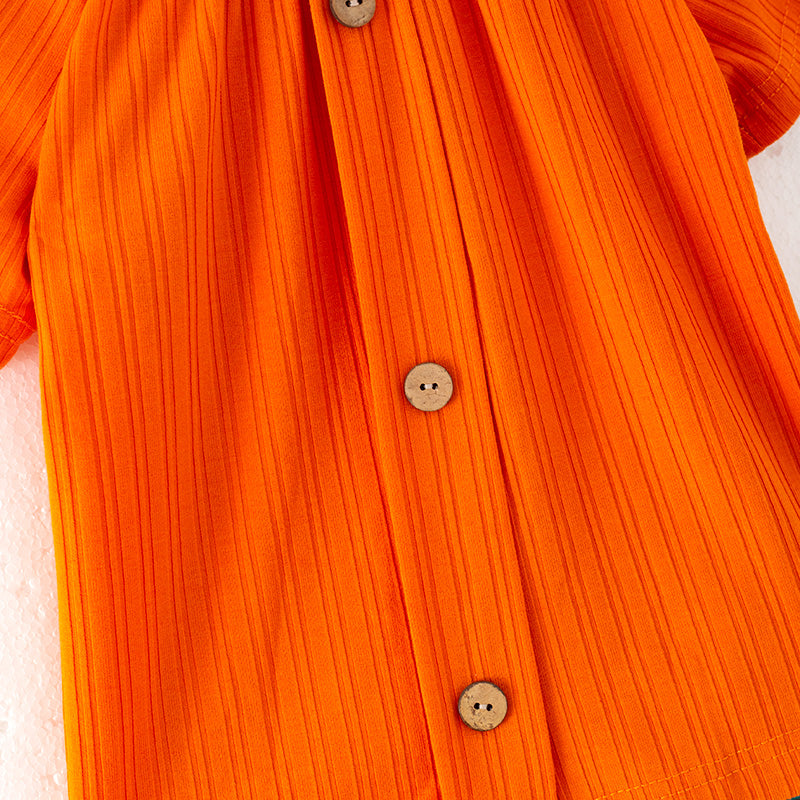 （In Stock）Girls Spring and Summer Orange Rib Fabric Top Knotted Shorts Set