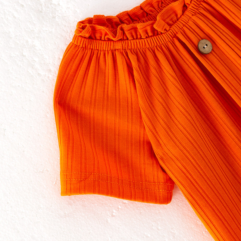 （In Stock）Girls Spring and Summer Orange Rib Fabric Top Knotted Shorts Set