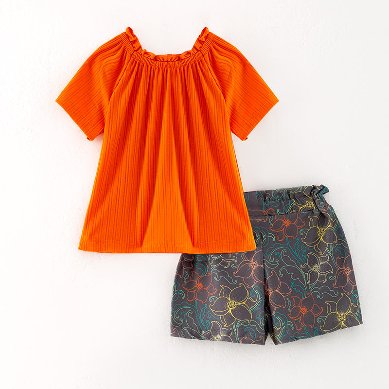 （In Stock）Girls Spring and Summer Orange Rib Fabric Top Knotted Shorts Set