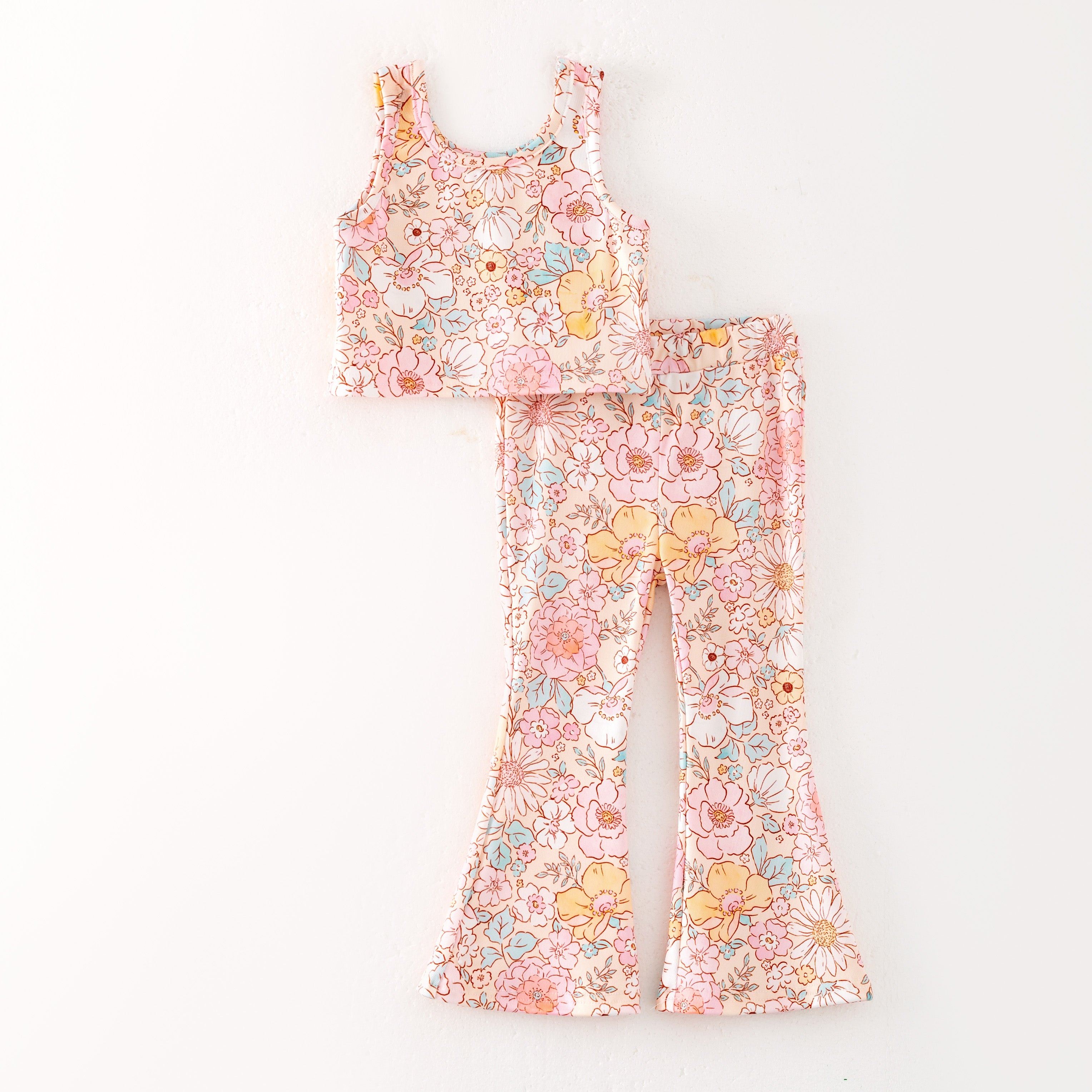 （Pre Order）Girls Spring and Summer Bow＆Floral Print Twill Outfit Set