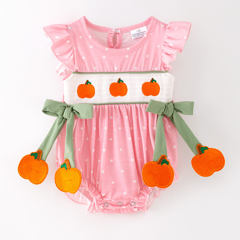（In Stock）Toddler Girls Fall Pumpkin Embroidery Smocked Romper