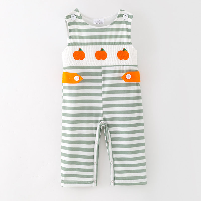 （In Stock）Toddler Boys Fall Pumpkin Embroidery Smocked Romper