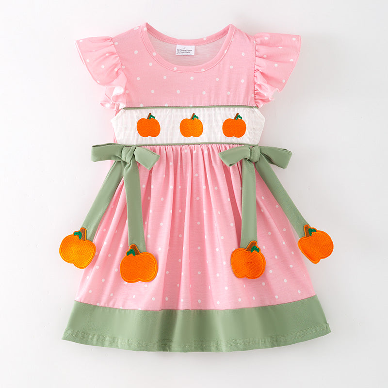 （In Stock）Girls Fall Pumpkin Embroidery Smocked Dress