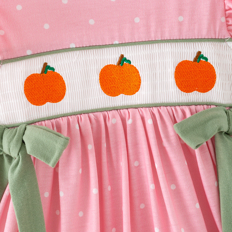 （In Stock）Girls Fall Pumpkin Embroidery Smocked Dress