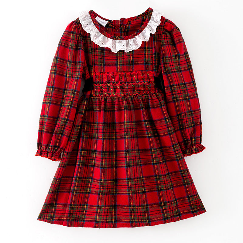 （In Stock）Girls Christmas Red Plaid Cotton Smocked Dress