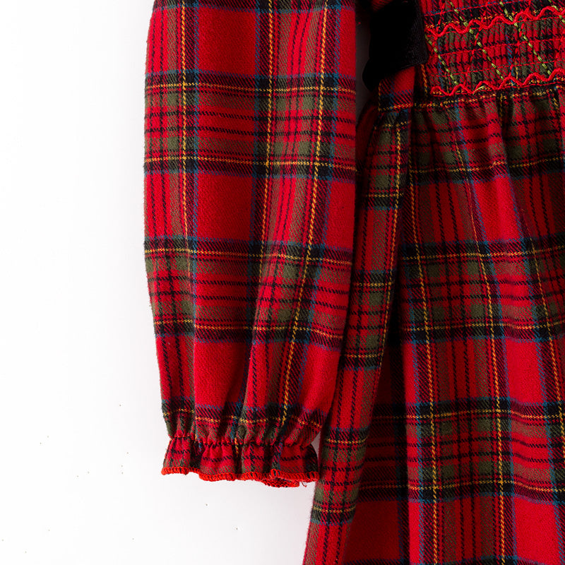 （In Stock）Girls Christmas Red Plaid Cotton Smocked Dress
