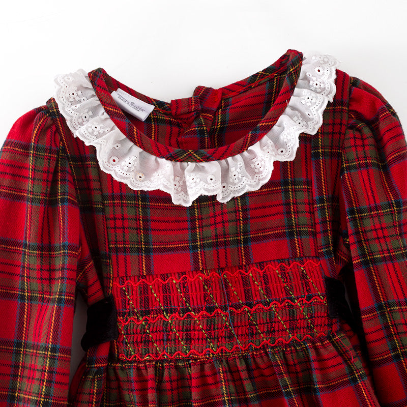 （In Stock）Girls Christmas Red Plaid Cotton Smocked Dress