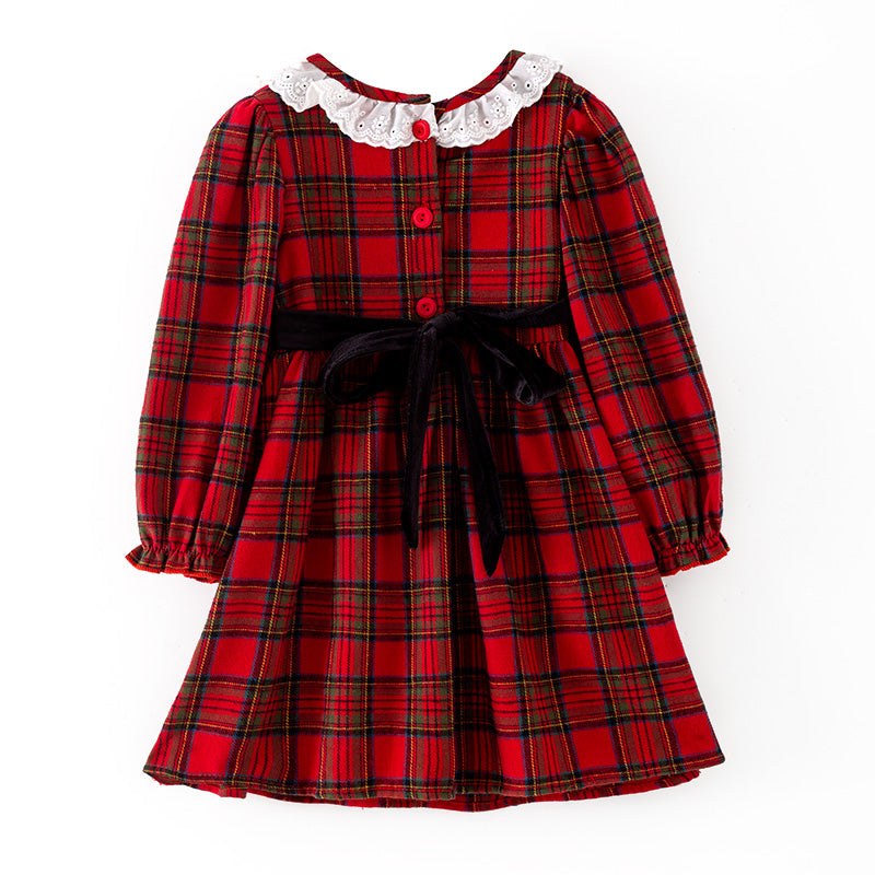 （In Stock）Girls Christmas Red Plaid Cotton Smocked Dress