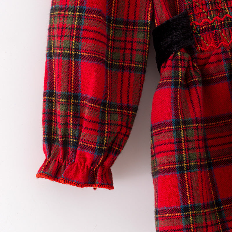 （In Stock）Toddler Girls Christmas Red Plaid Cotton Smocked Bloomer Set