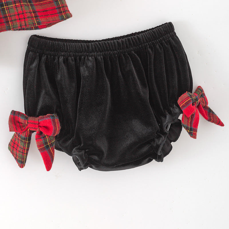 （In Stock）Toddler Girls Christmas Red Plaid Cotton Smocked Bloomer Set