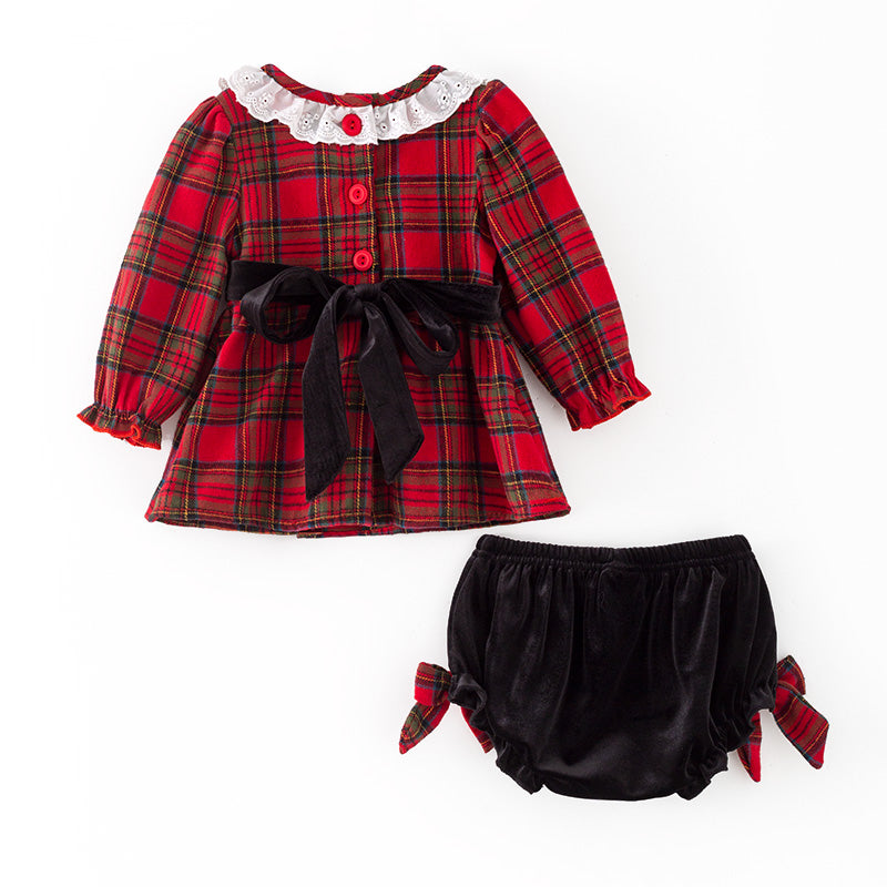 （In Stock）Toddler Girls Christmas Red Plaid Cotton Smocked Bloomer Set