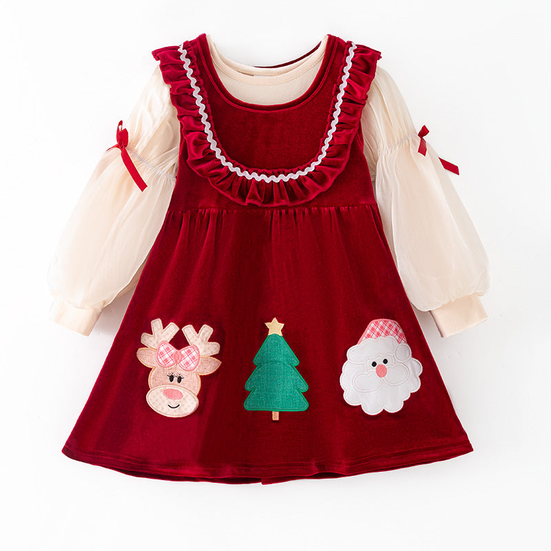 （In Stock）Girls Christmas Applique Red Velvet Dress with Bubble Sleeves 2PCS