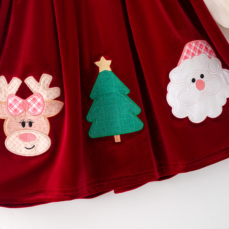 （In Stock）Girls Christmas Applique Red Velvet Dress with Bubble Sleeves 2PCS