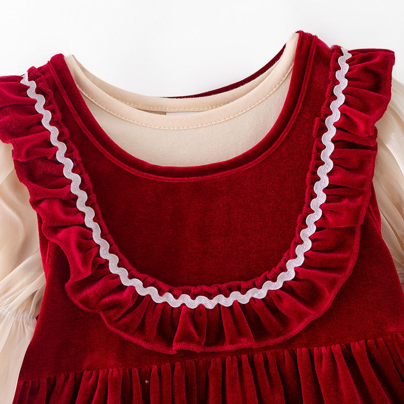 （In Stock）Girls Christmas Applique Red Velvet Dress with Bubble Sleeves 2PCS