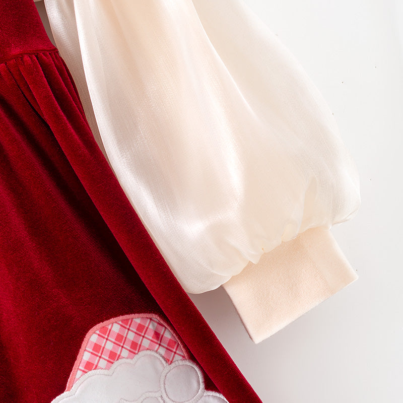 （In Stock）Girls Christmas Applique Red Velvet Dress with Bubble Sleeves 2PCS