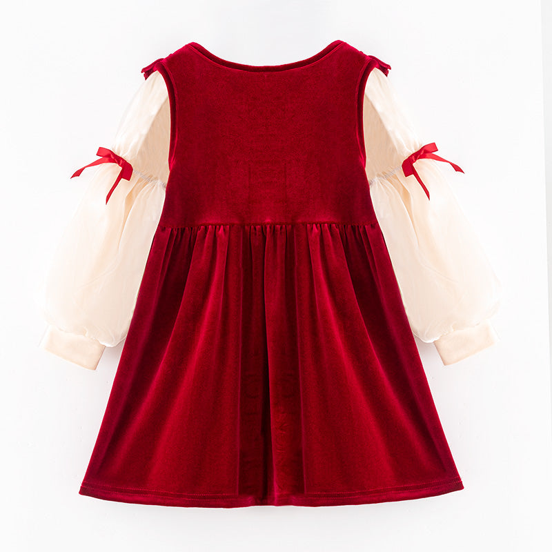 （In Stock）Girls Christmas Applique Red Velvet Dress with Bubble Sleeves 2PCS