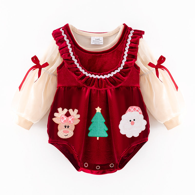 （In Stock）Toddler Girls Christmas Applique Red Velvet Romper with Bubble Sleeves 2PCS