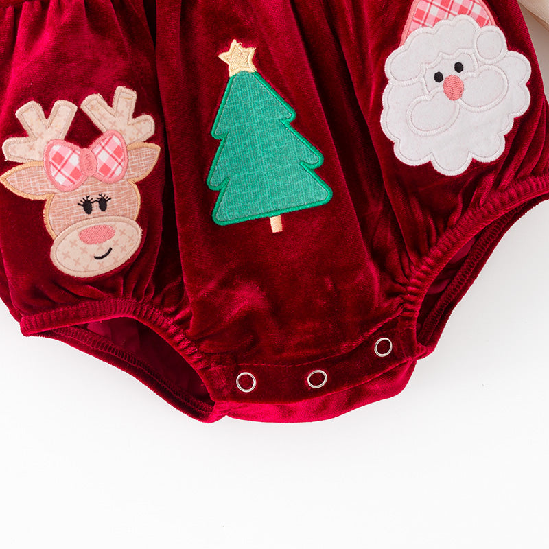 （In Stock）Toddler Girls Christmas Applique Red Velvet Romper with Bubble Sleeves 2PCS