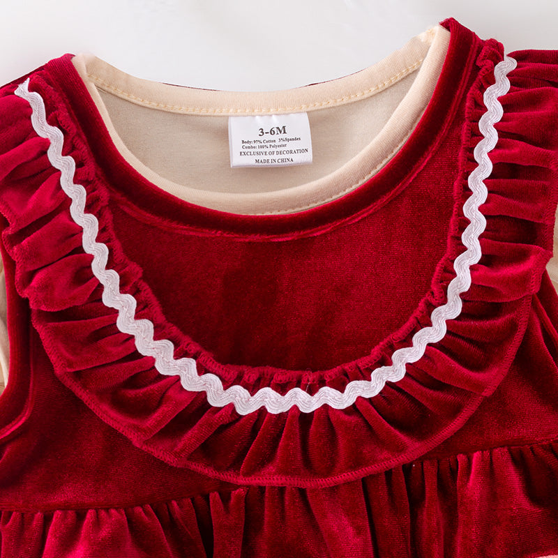 （In Stock）Toddler Girls Christmas Applique Red Velvet Romper with Bubble Sleeves 2PCS