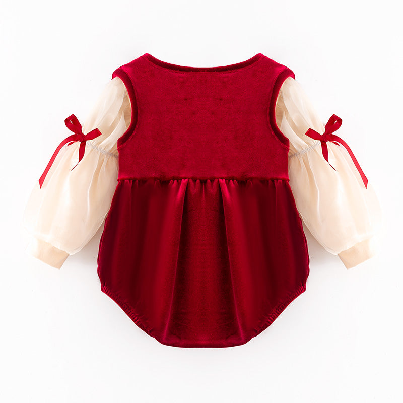 （In Stock）Toddler Girls Christmas Applique Red Velvet Romper with Bubble Sleeves 2PCS