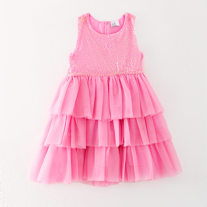 （In Stock）Girls Spring and Summer Pink Sequin Tulle Dress