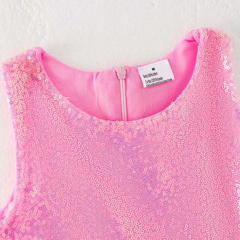 （In Stock）Girls Spring and Summer Pink Sequin Tulle Dress