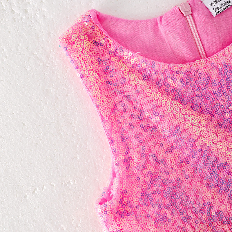 （In Stock）Girls Spring and Summer Pink Sequin Tulle Dress