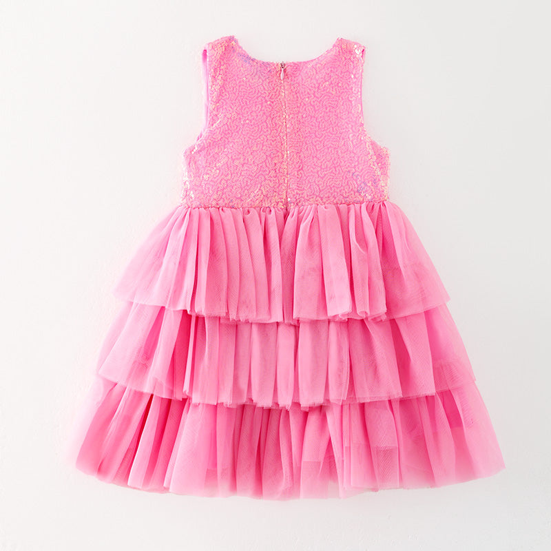 （In Stock）Girls Spring and Summer Pink Sequin Tulle Dress