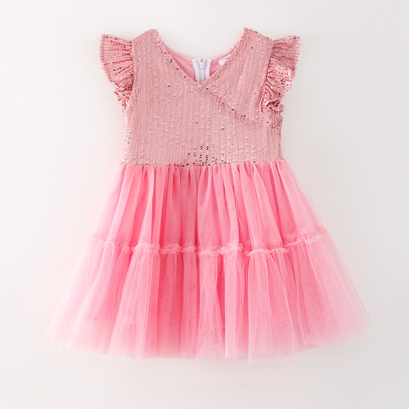 （In Stock）Girls Spring and Summer Pink Sequin Tulle Dress