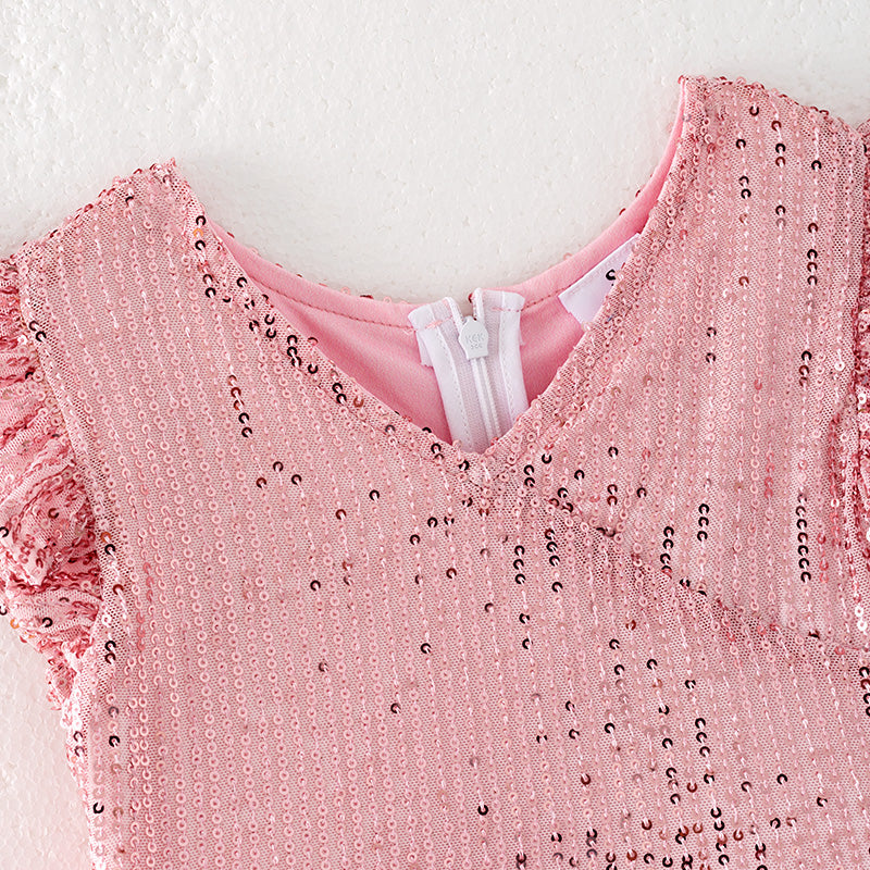 （In Stock）Girls Spring and Summer Pink Sequin Tulle Dress