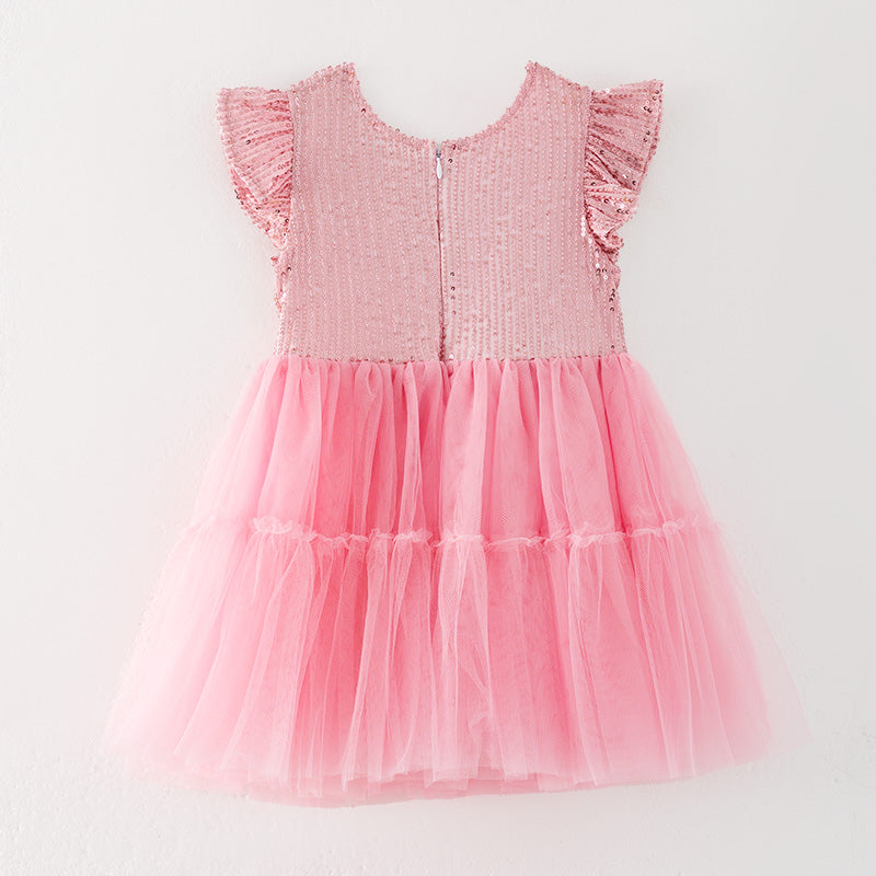 （In Stock）Girls Spring and Summer Pink Sequin Tulle Dress