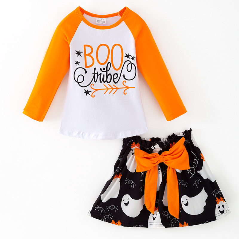（In Stock）Girls Halloween BOO Vibes Print Cotton Top Ghost Skirt Set